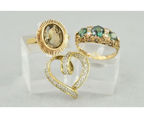 THREE ITEMS OF 9CT GOLD JEWELLERY, to include a ring set with three circular synthetic spinels each interspaced by two circul