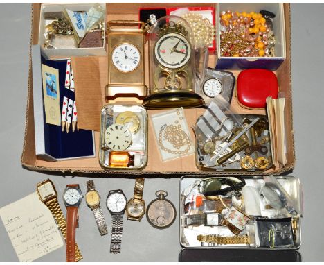 A SELECTION OF COSTUME JEWELLERY AND WATCHES, to include a small silver fronted clock, a single Dior earring, various wristwa