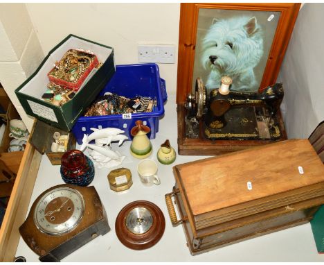 A QUANTITY OF COSTUME JEWELLERY, cased sewing machine, mantel clock, circular barometer, ceramic, glass vase, a colour print,