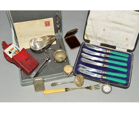 A SELECTION OF MAINLY SILVER NOVELTIES, to include an early 20th century silver pocket watch with enamel detail to the revers