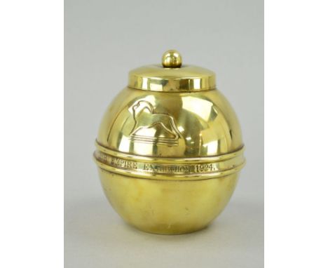 A BRASS BRITISH EMPIRE EXHIBITION 1924 LIPTONS SOUVENIR TEA CADDY OF SPHERICAL FORM, pull off cover, height 12cm (end cabinet