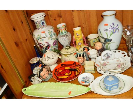 A GROUP OF CERAMICS INCLUDING ROYAL DOULTON SERIES WARE, character jugs and flambe fox, USSR horse figure, Poole pottery plat