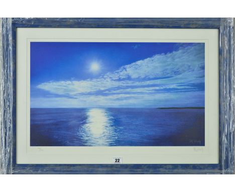 WENDY CORBETT (BRITISH CONTEMPORARY) 'CALM WATERS', a limited edition print 186/495 of a seascape with a blue sky, signed and