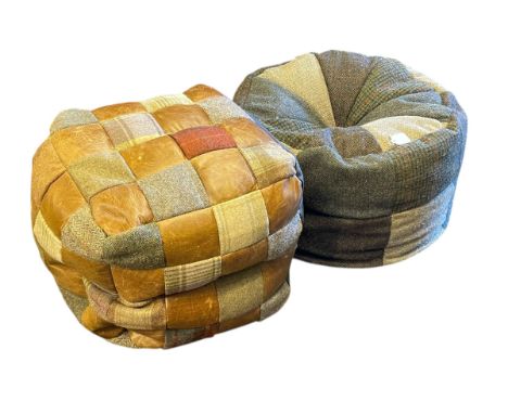 Harris Tweed circular pouffe and Harris Tweed and leather patchwork cube pouffe.