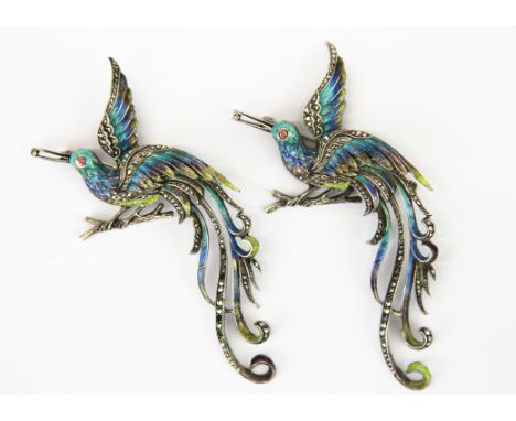Two vintage import hallmarked silver and enamel bird brooches set with marcasite, L. 9cm.