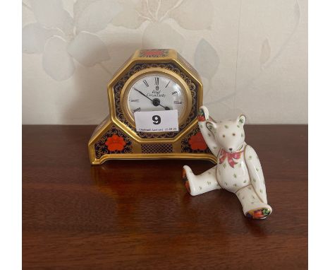 A Royal Crown Derby porcelain mantle clock, H. 10cm. With a Crown Derby teddy bear.