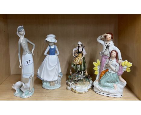 A Lladro figure of a girl with geese (H. 26cm) together with a Nao figure, a Capo-Di-Monte figure and a Staffordshire figure.