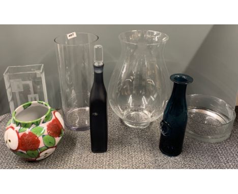 Two large glass vases, four further glass items and a ceramic vase, tallest. 40cm.