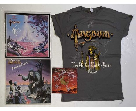 Four Magnum signed items to include a Magnum - The Eleventh Hour! LP, a Chase the Dragon LP, a Start Talking Love single, and