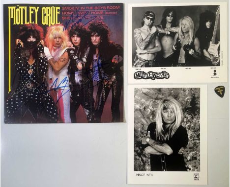 A copy of Motley Crue - Smokin'... (EKR33T) signed to front of sleeve by Nikki Sixx, Mick Mars, Vince Neil, Tommy Lee. Signat