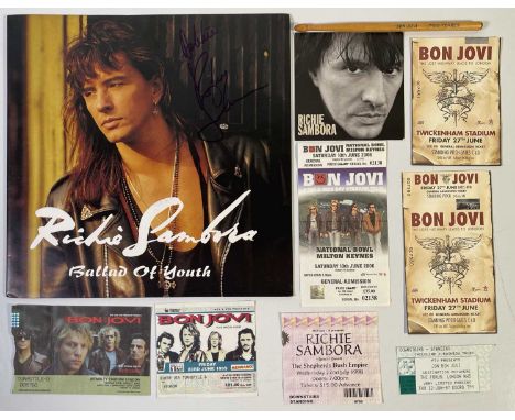 A Richie Sambora 12" signed to cover by RS, also with collection of Bon Jovi tickets and ticket stubs, a mini Tico Torres dru