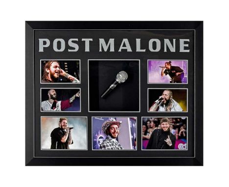 A professionally mounted, framed and glazed display to include a microphone signed in silver ink by Post Malone. Professional
