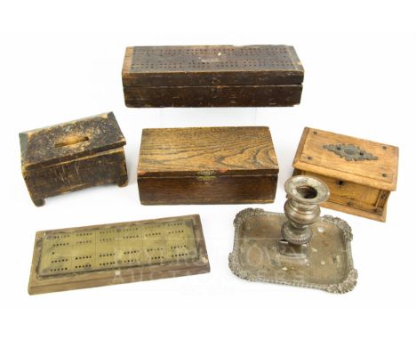 A small quantity of various wooden boxes; a cribbage board; and a silver plate candlestick (6)