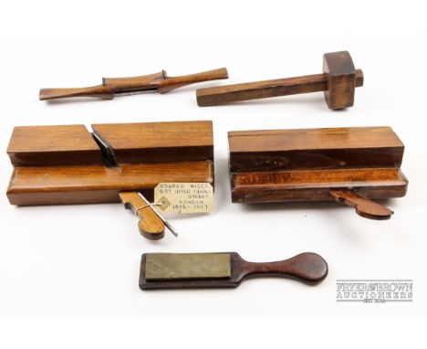 A small quantity of vintage woodworking hand tools, including a plane stamped Higgs Flaw Range (Edward Higgs), c1810, and a w