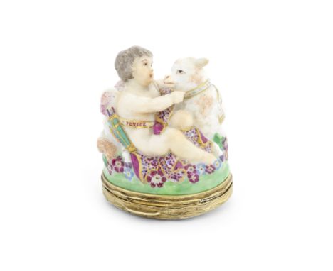 A Chelsea bonbonnière, circa 1760Modelled as winged cupid and a lamb curled up on a grassy mound surrounded by flowers, a qui