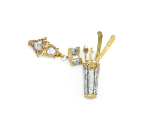 A mid 18th century gold and pinchbeck mounted agate étui with matching belt hookOf quiver form, the openwork gold cage mounts