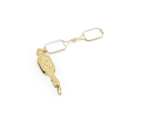 A pair of French 18ct gold lorgnettesJourdain Hoël, Paris 1863-1885, control marks A shaped handle with engraved foliate deco