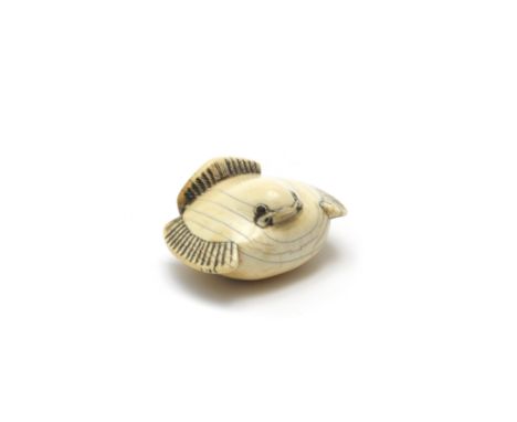 An ivory netsuke of a stylised sparrowAfter Masanao of Kyoto, Edo period (1615-1868), early 19th centuryThe sparrow of typica