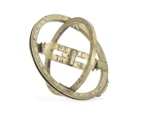 A BRASS UNIVERSAL EQUINOCTIAL RING DIAL, English, 18th century,the meridian ring engraved with latitude scale and solar altit