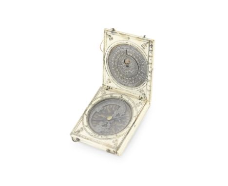 A Charles Bloud-type ivory diptych dial, Dieppe, circa 1660,the upper outer face with pin gnomon dial with hour scale divided