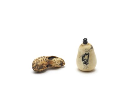 Two ivory netsukeEdo period (1615-1868) to Meiji era (1868-1912), 19th centuryThe first a container in the form of a gourd, p