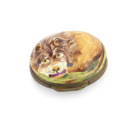 A Birmingham or South Staffordshire enamel lion bonbonnière, circa 1770-80Modelled as a mournful lion, lying curled on a gras