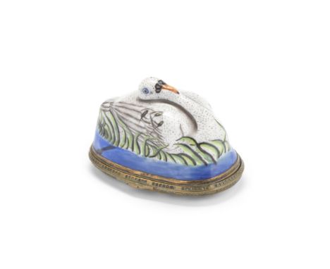 A fine Birmingham or South Staffordshire enamel swan bonbonnière, circa 1760-70Modelled as a swan nestled amongst grasses and