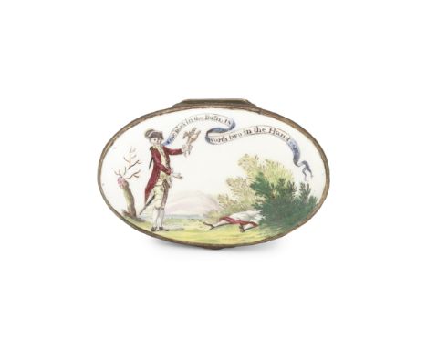 A rare South Staffordshire enamel erotic snuff box, circa 1770Of oval form, the lid depicting a finely dressed gentleman hold