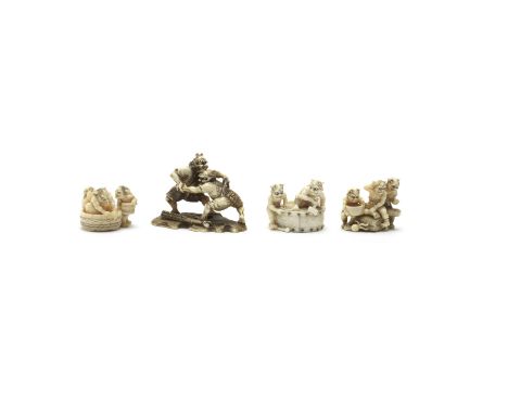 Four ivory figure netsukeEdo period (1615-1868) to Meiji era (1868-1912), 19th centuryThe first of okimono-style depicting tw