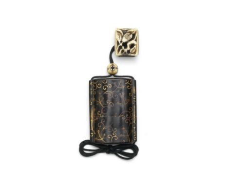 A black-and-gold lacquer four-case inro (portable medicine case) with stag-antler netsukeEdo period (1615-1868) or Meiji era 