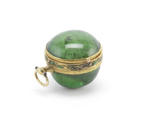 A Continental gold-mounted tourmaline locket vinaigretteunmarked,  Of circular form, carved and polished green tourmaline, th