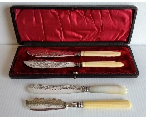 A Victorian cased pair of fish knives with etched decoration and ivory handles by Francis Howard, Sheffield, 1891; a stilton 