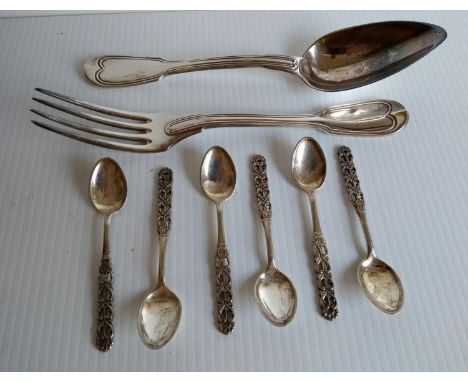 A set of six late 19th century Norwegian silver coffee spoons by Brodrene Lohne, Bergen with pierced handles, 46g and a servi