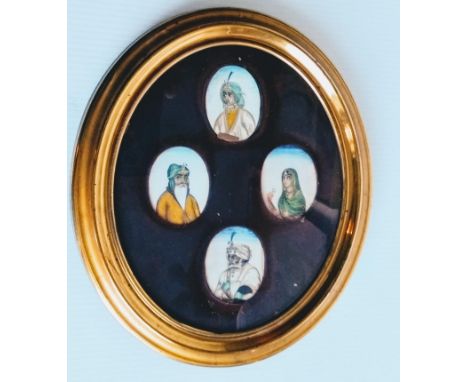 Indian school, 19th century, four oval portrait watercolour miniatures with gold detailing on ivory to include: Maharajah Dul