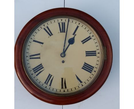 A 19th century mahogany-framed wall clock, dial 36 cm diameter, overall 46 cm diameter, in working order with key