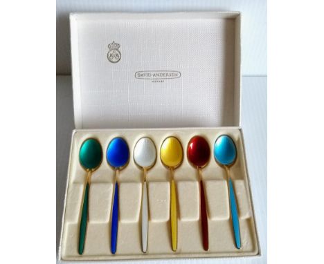 A cased David Andersen of Norway set of six silver 925 gilt spoons with multi-coloured enamel decoration 