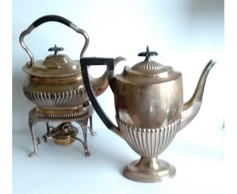A Victorian silver plated tea kettle-on-stand and matching coffee pot by Walker & Hall; a pair of rococo old Sheffield silver