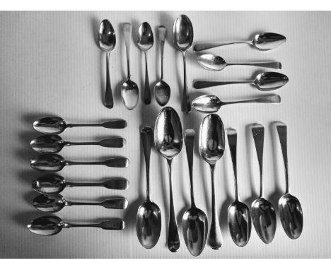 A miscellany of London silver spoons to include Georgian dog nose serving and dessert by Mary & Elizabeth Sumner, Lambert & C