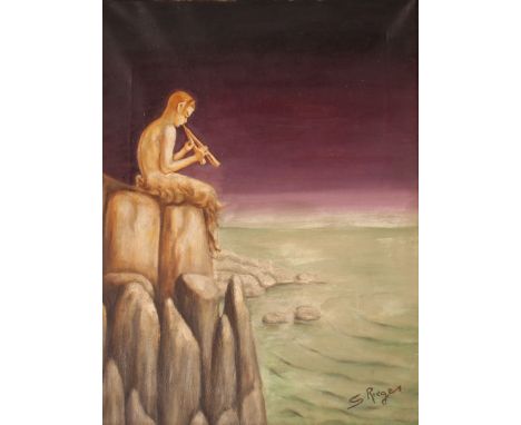 S. Rieges, surreal study of Pan playing pipes looking out to sea, signed oil on canvas, 52cm x 39cm&nbsp;