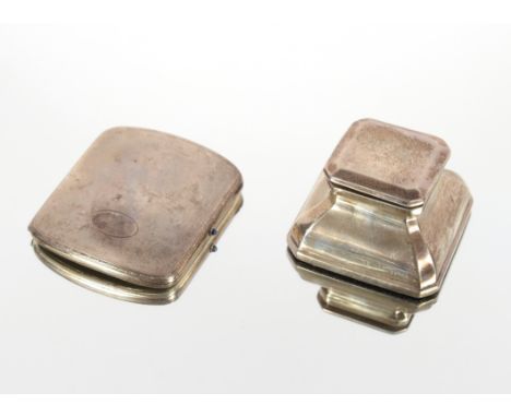 A small Sterling silver cigarette case, with engine turned decoration and inscription, approx. 96gms; and a silver inkwell of