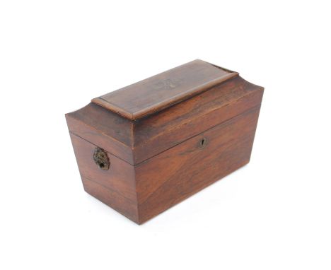 A 19th Century rosewood&nbsp; and brass inlaid sarcophagus shaped tea caddy, fitted two canisters and a mixing bowl, 31cm wid