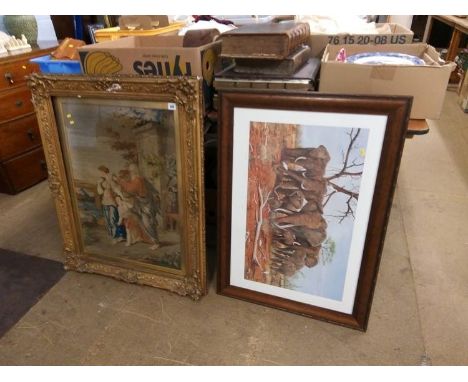 A gilt framed religious tapestry and W.E. Peterkin, limited edition print, 141/500, 'Restless'