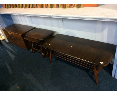 Oak blanket box, nest of tables and Ercol coffee table