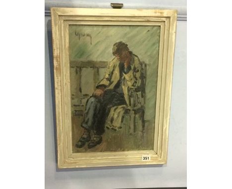 James Kidwell Popham (1884-1966), oil on canvas, signed , 'Portrait of a gentleman seated on a bench', 44 x 29cm