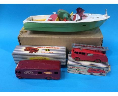 A Dinky fire engine, 955, horse box, 981 and a boxed Lima motor boat (3)