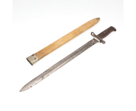 An American 1905 pattern bayonet with a 40cm,single edged fullered blade marked US above a grenade and date 1906, the other s