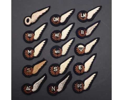 A collection of single wing 'Brevet' badges: AE (Air Electronics), AG (Air gunner), B (bomber), E (Engineer), FC (Fighter Con