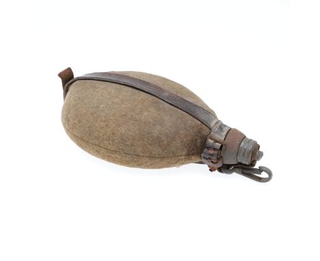 A First World War German Water bottle, felt covered with leather strap and clip type hanger, 25 x 15cm. *CR Some moth damage 