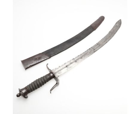 With a 51.5cm curved, pointed, single edged sharpened blade with saw teeth to the back, with a shaped steel guard and fine sh