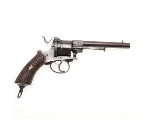 A mid 19th century revolver with a 15cm circular barrel, six shot chamber and loading lever to the right, on a finely chequer
